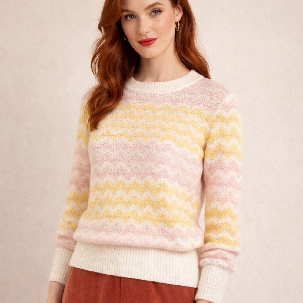 FRNCH Paris Linette Chevron Pink‎ and Butter Yellow Sweater Size Small Preppy